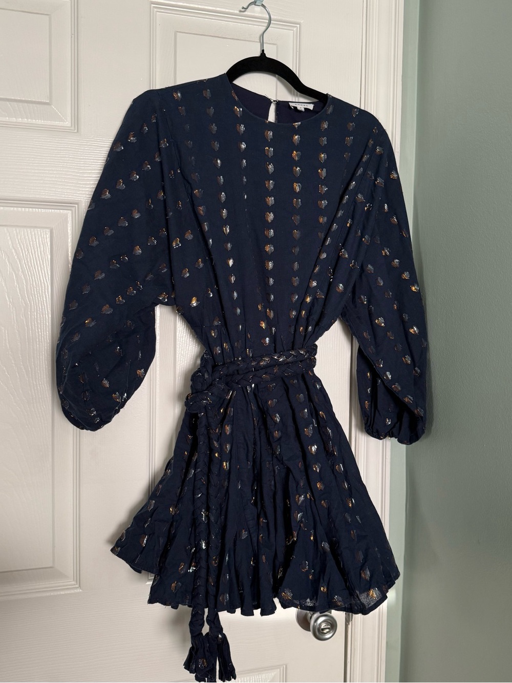 RHODE Navy Mini Dress with Gold Metallic Dot Accents